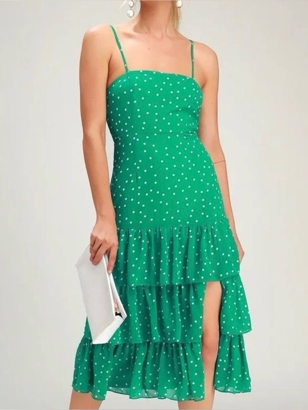 Lulus Nellie Green Polka Dot Ruffled Midi Dress Size Small NEW